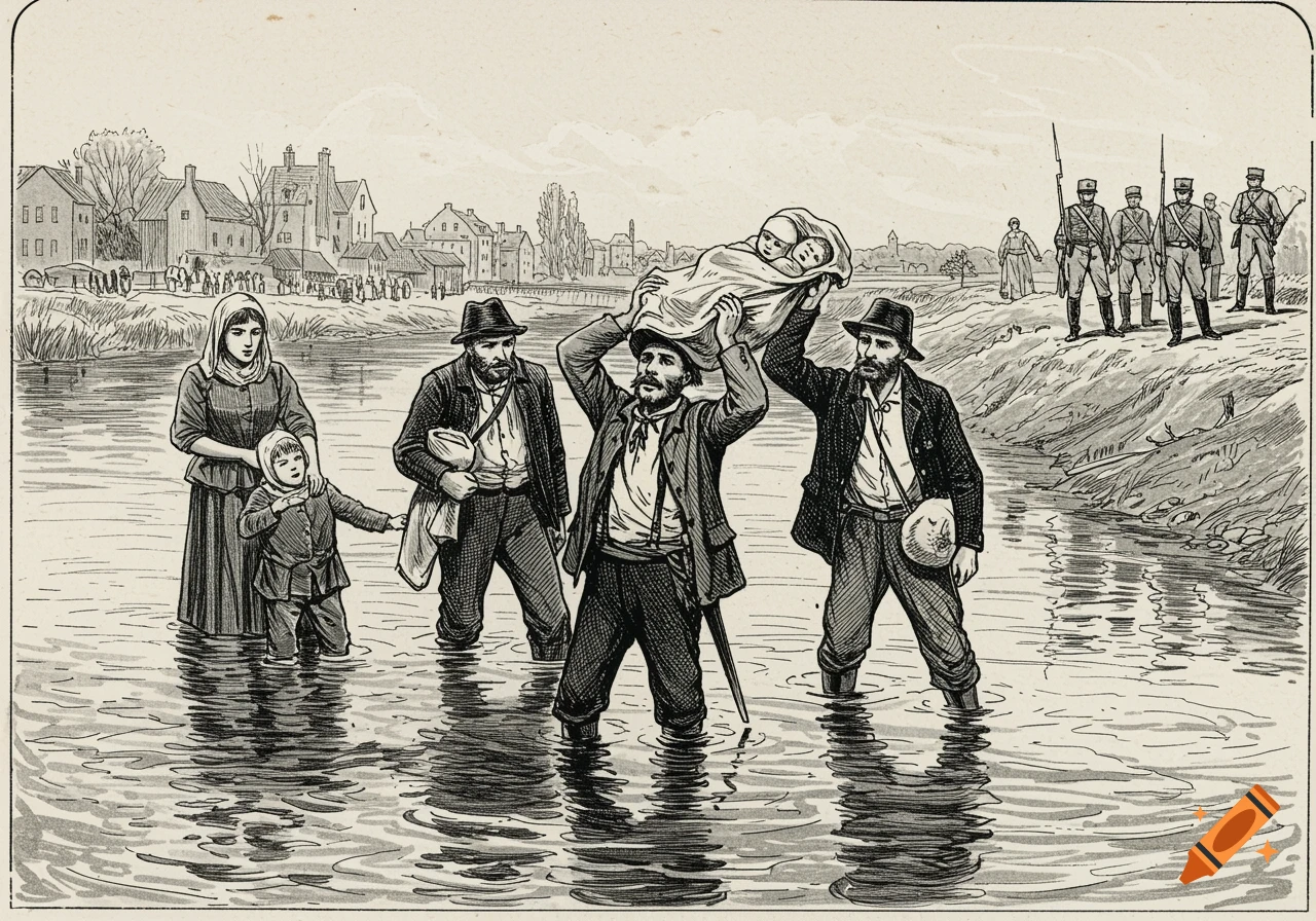Line drawing of a family wading across a river, with a man holding a baby above his head and soldiers on the distant embankment.
