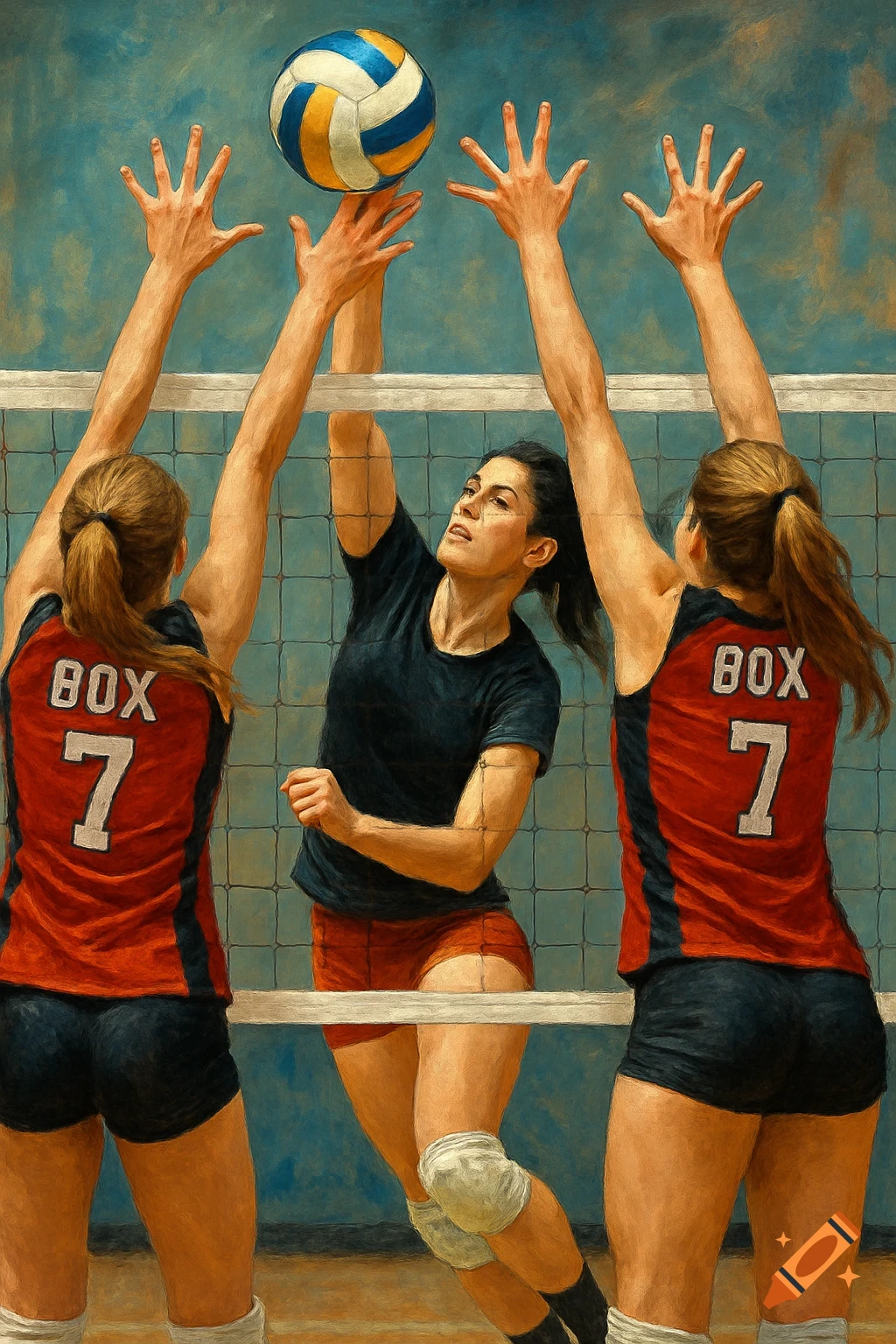 Three female volleyball players in a painterly style, one spiking a ball over the net while two others block.