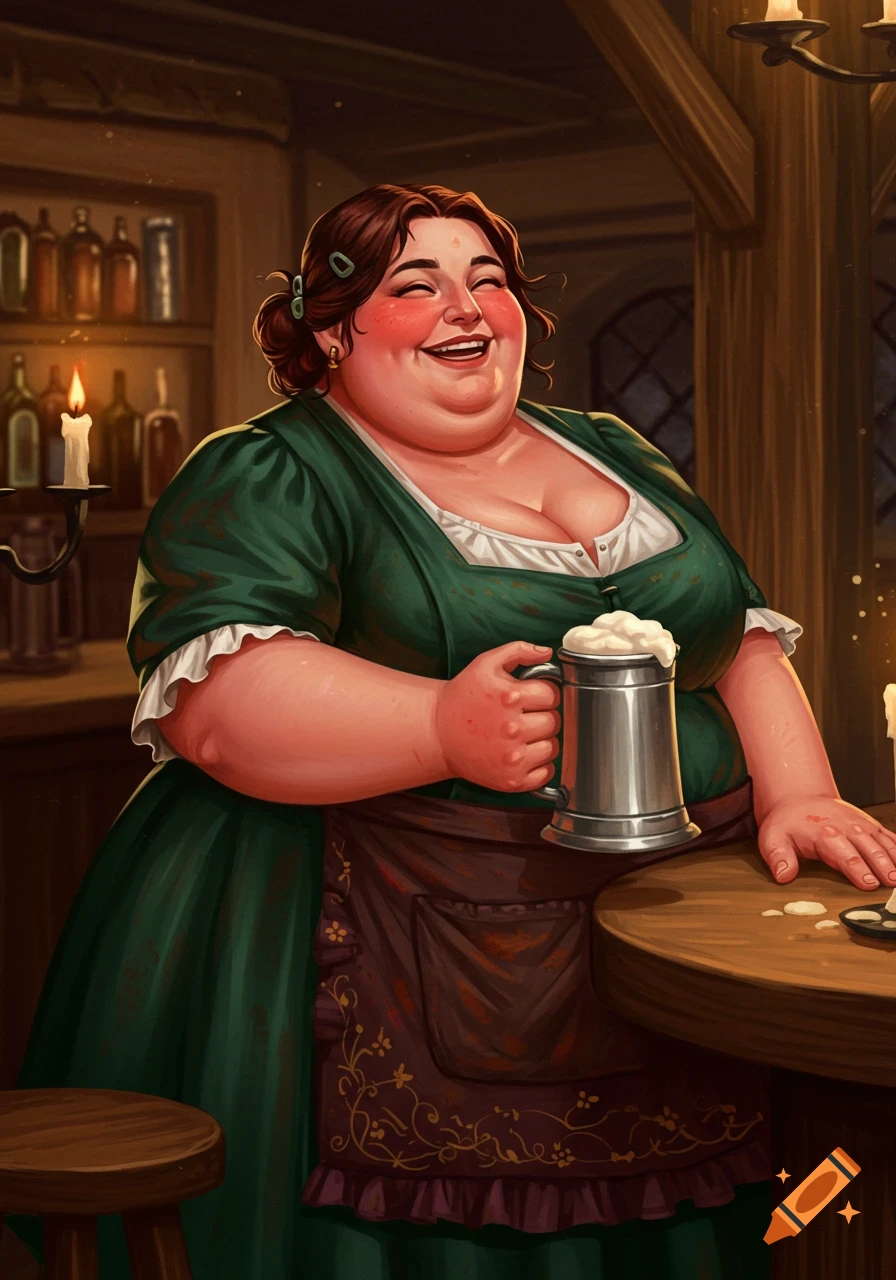 Smiling heavy-set woman in green dress holding a beer mug in a rustic pub, digital art style.