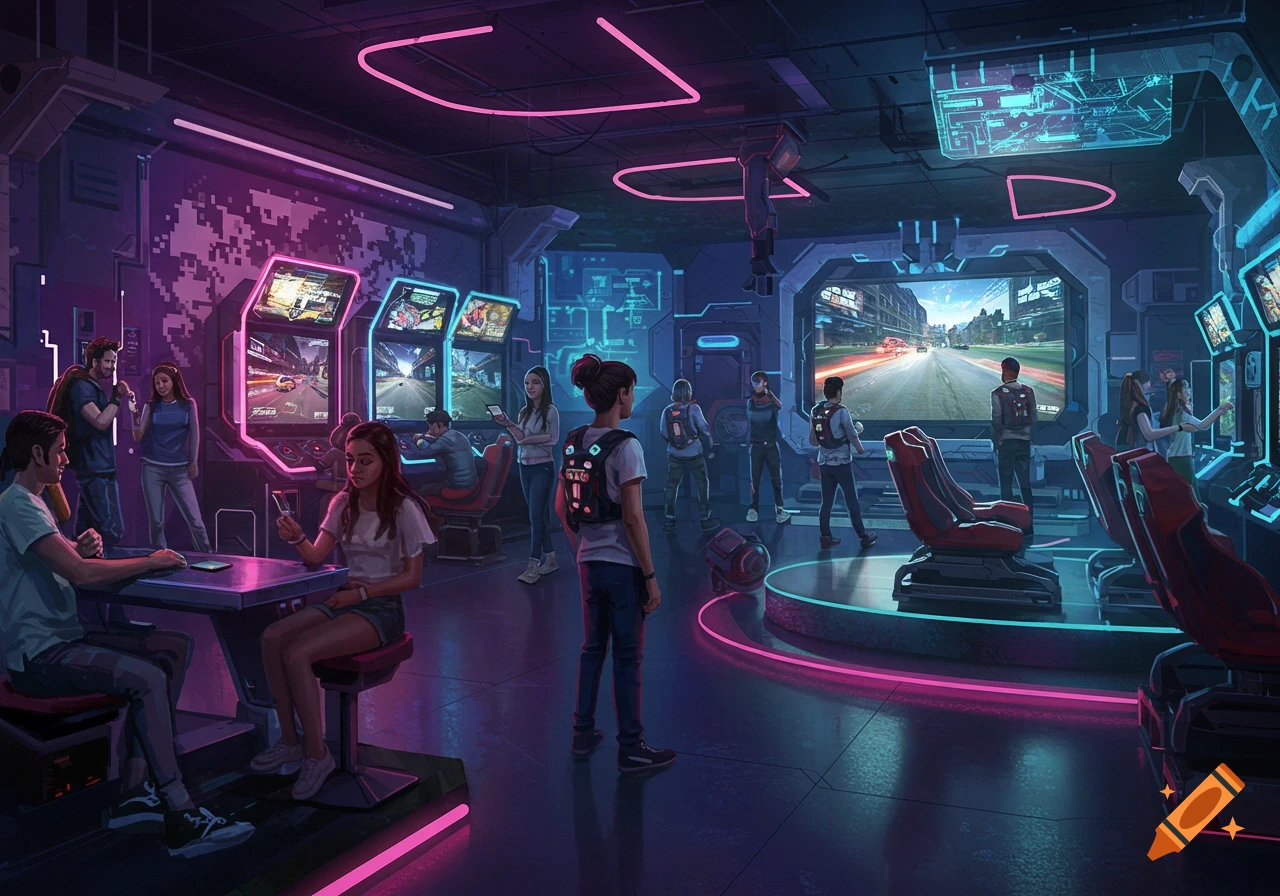 People socialize and play games in a vibrant, neon-lit modern futuristic arcade with glowing screens.