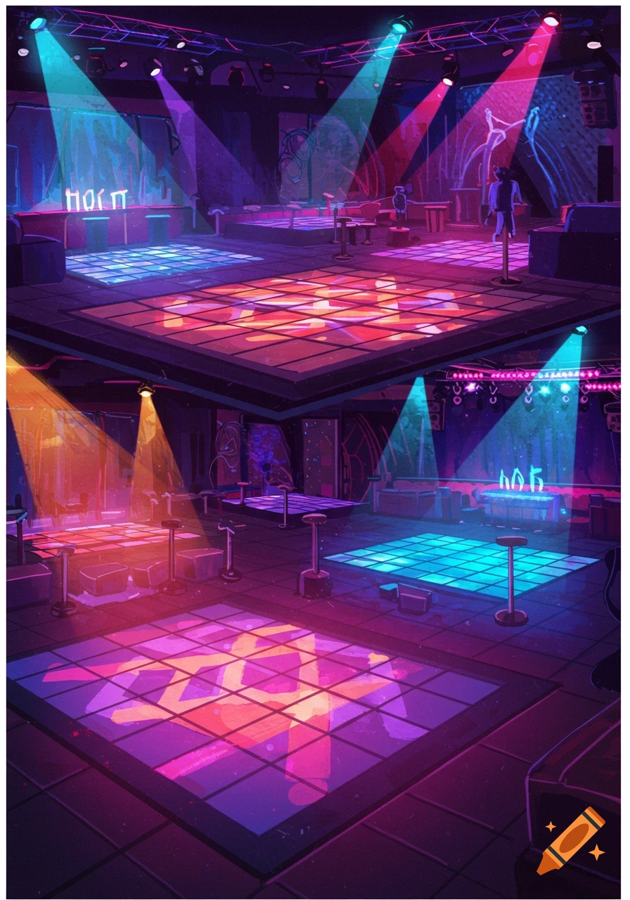 A vibrant, neon-lit, stylized empty disco nightclub interior with colorful dance floors and spotlights.
