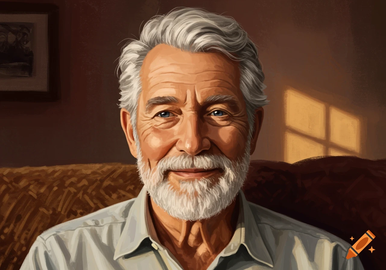 Painterly portrait of a smiling elderly man with white hair and beard, illuminated by sunlight through a window.