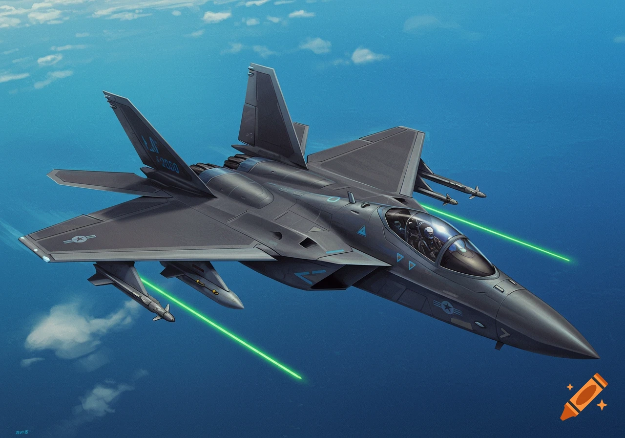 A sleek, dark gray futuristic fighter jet with green laser beams firing from its underside flies through a blue sky with scattered clouds.