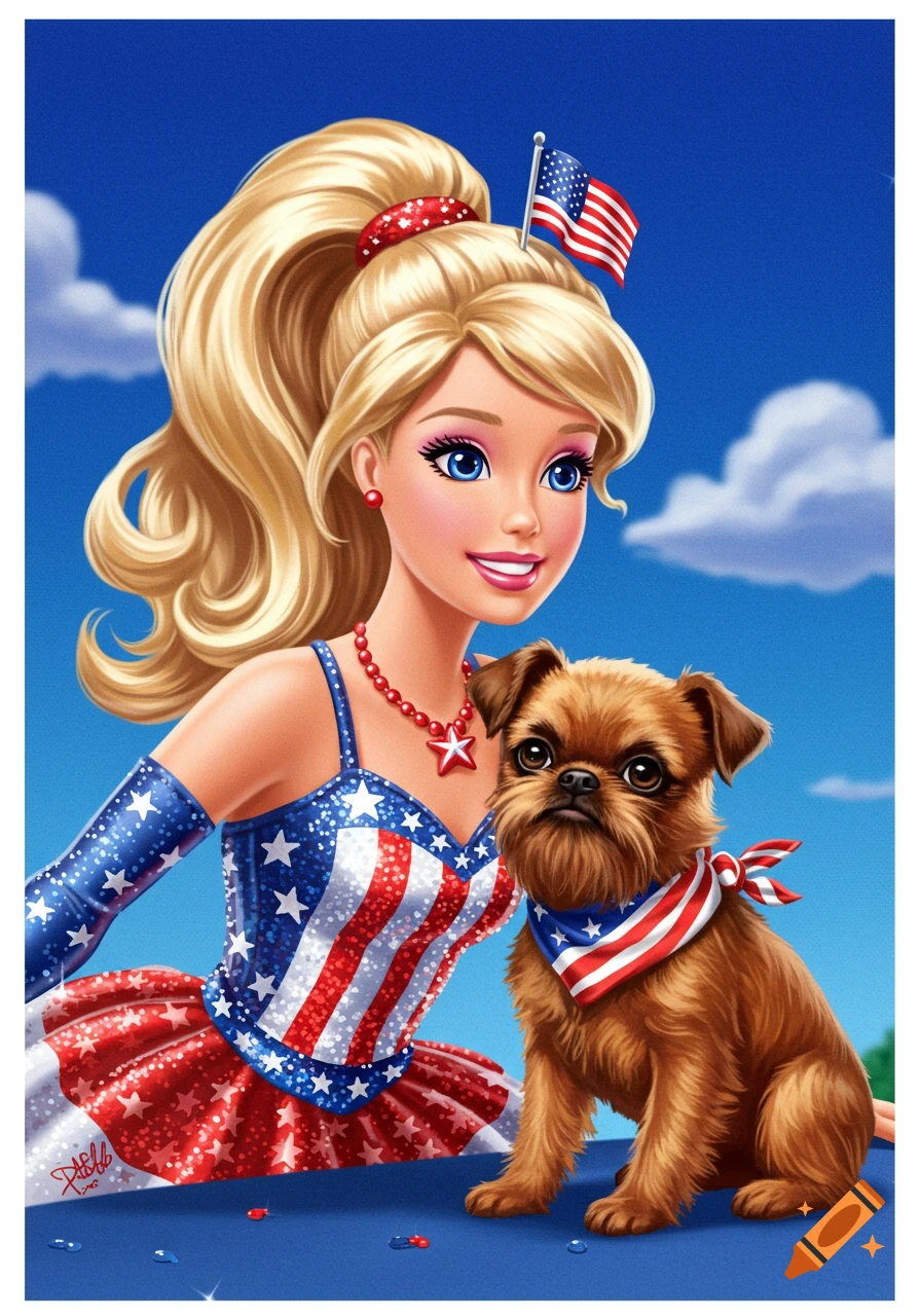 A patriotic Barbie-like doll with blonde hair and a Brussels griffon puppy, both dressed in red, white, and blue, against a blue sky. Digital illustration.