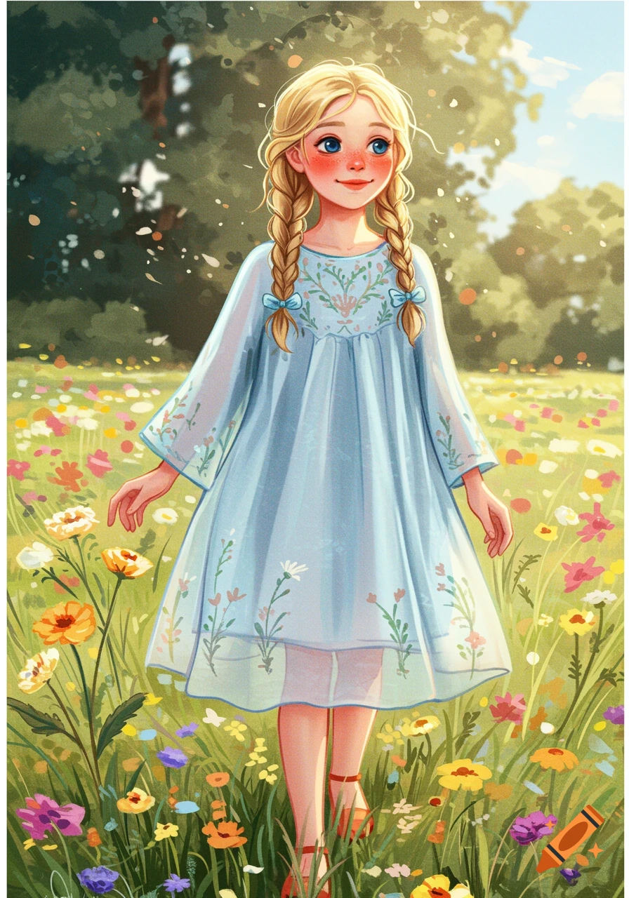An illustration of a young girl with blonde braids and a blue dress ...