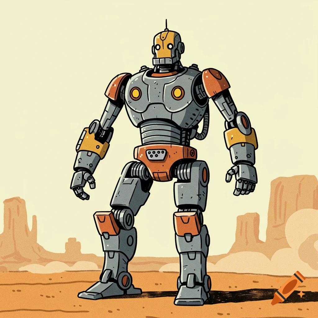 A cartoon robot with orange and gray plating stands in a simple desert landscape under a pale sky, in a graphic novel style.
