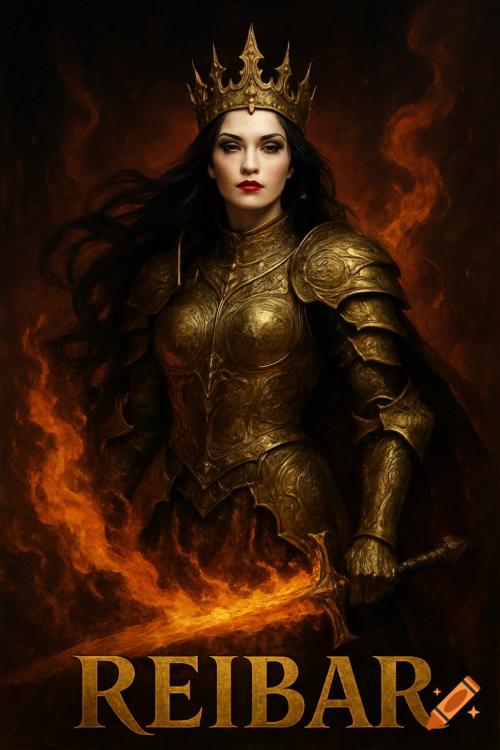 A regal female warlord in golden armor, crown, and red lipstick holds a flaming sword amidst fire, with 'REIBAR' text below.