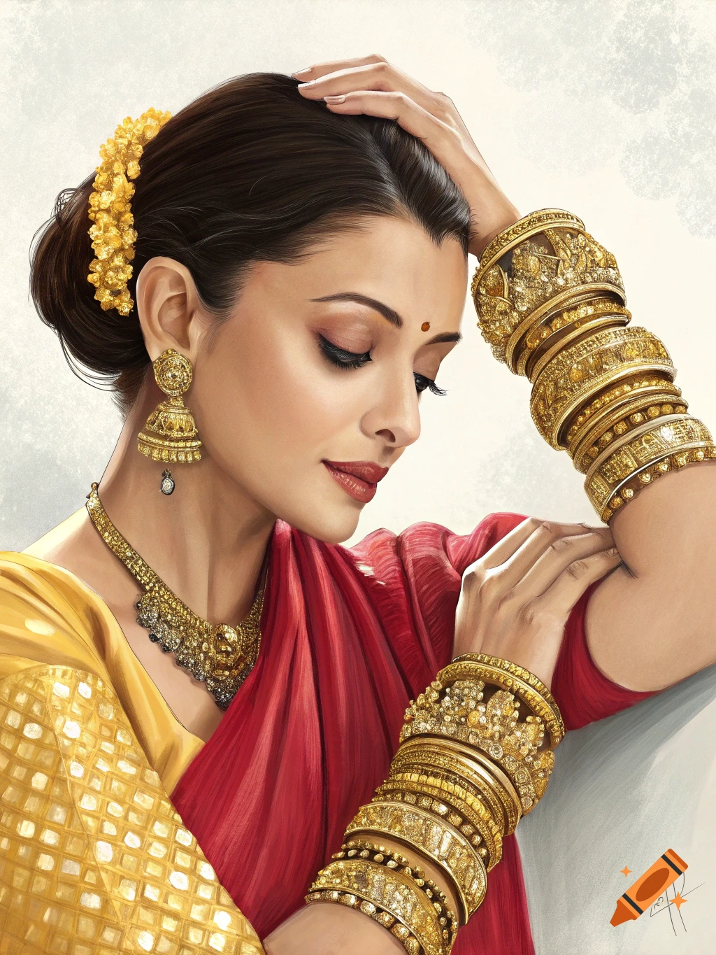 A beautiful woman, resembling Aishwarya Rai, in traditional Indian attire adorned with extensive gold jewelry.