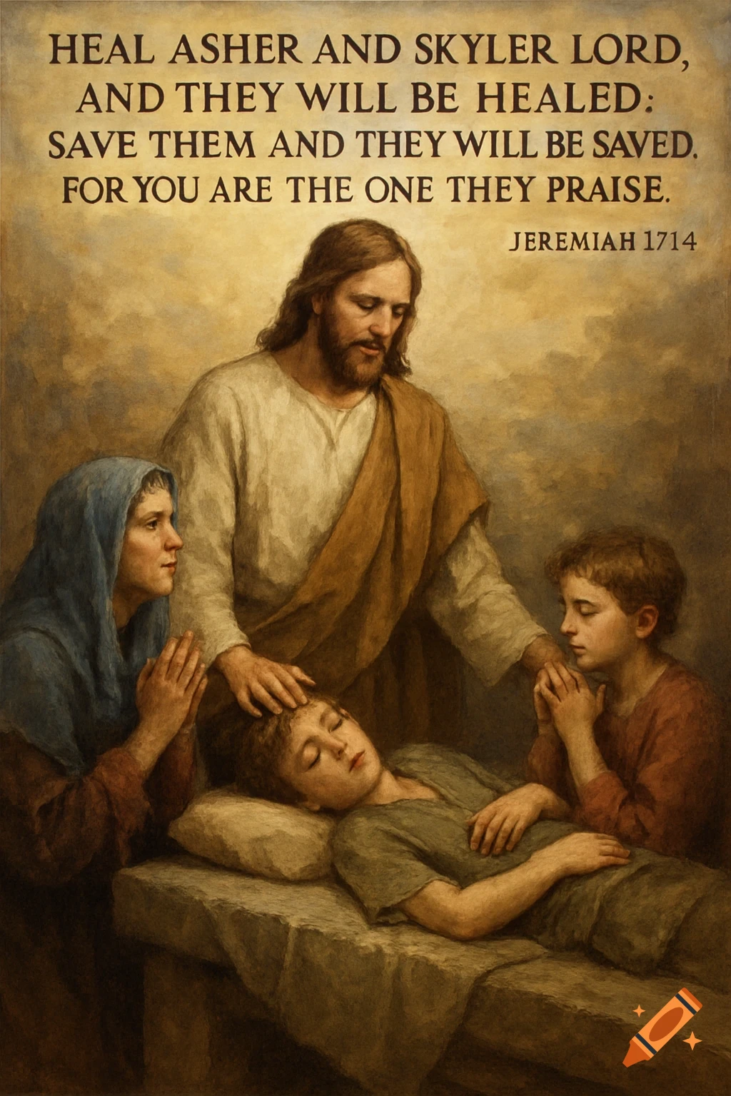 A classical painting depicting Jesus with his hand on the head of a sleeping child, surrounded by a woman and another child praying. Text at the top reads a bible verse.