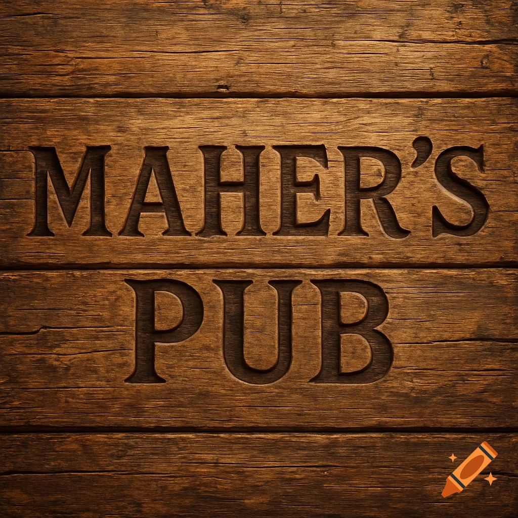 Rustic wooden sign with the words MAHER'S PUB engraved into the planks.