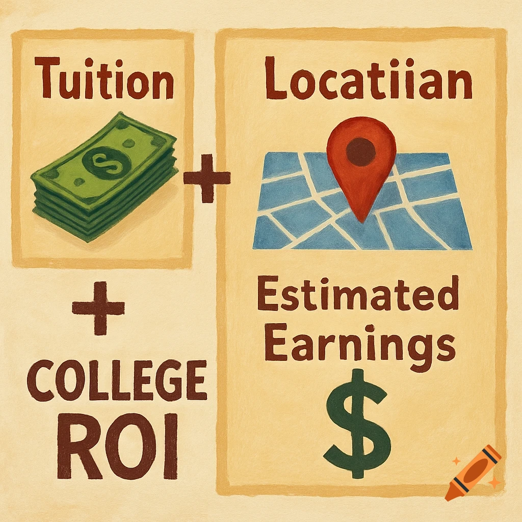 An infographic illustrating college ROI with elements for tuition, location, and estimated earnings.