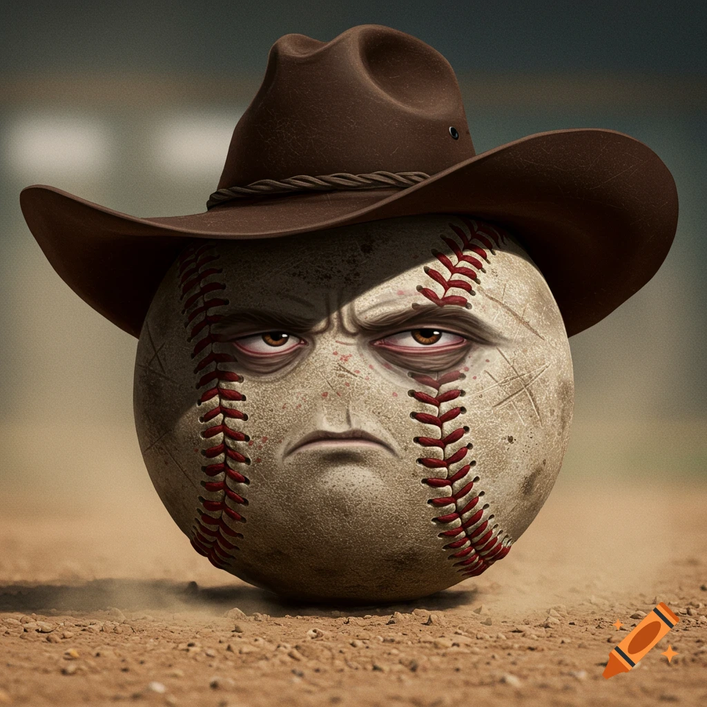 A baseball with a grumpy, gritty face wears a brown cowboy hat on a baseball field.
