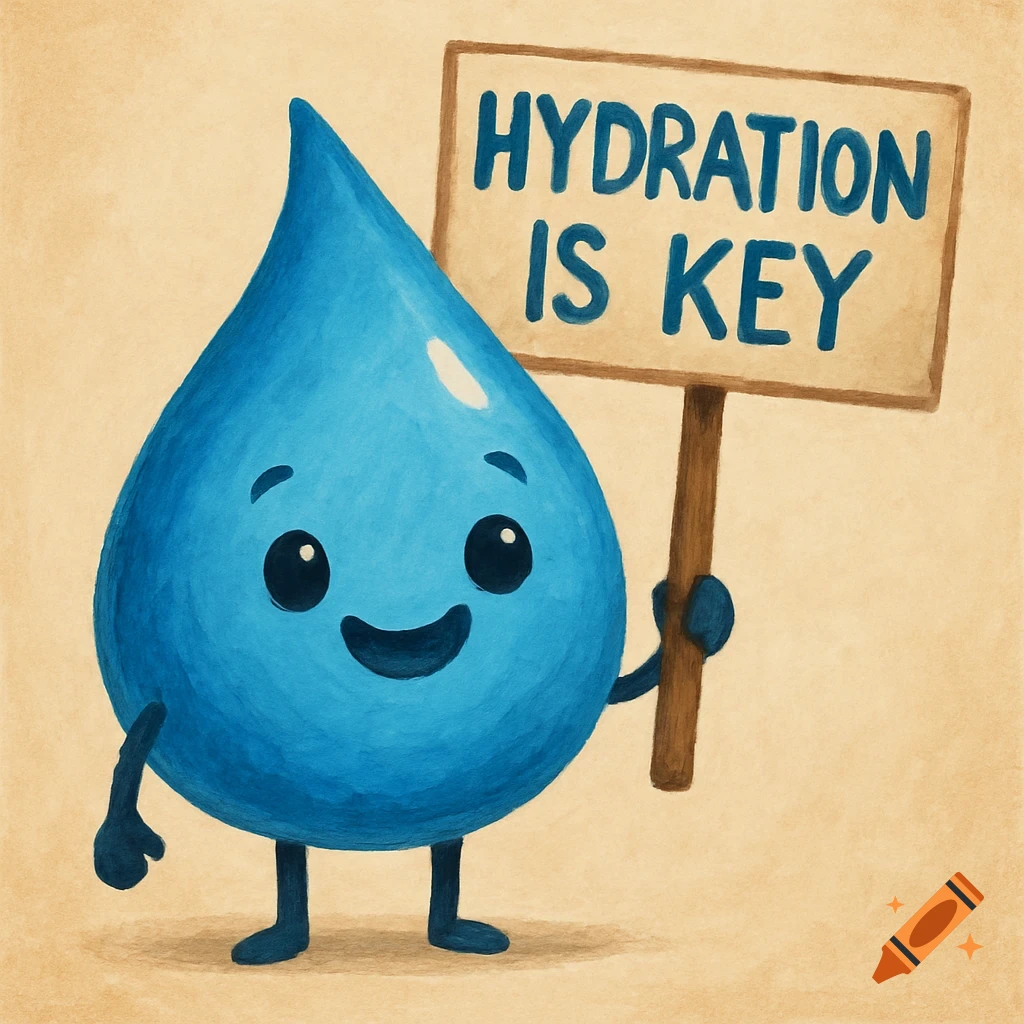 A cheerful blue water droplet character holds a sign that reads "HYDRATION IS KEY" in a cartoon style.