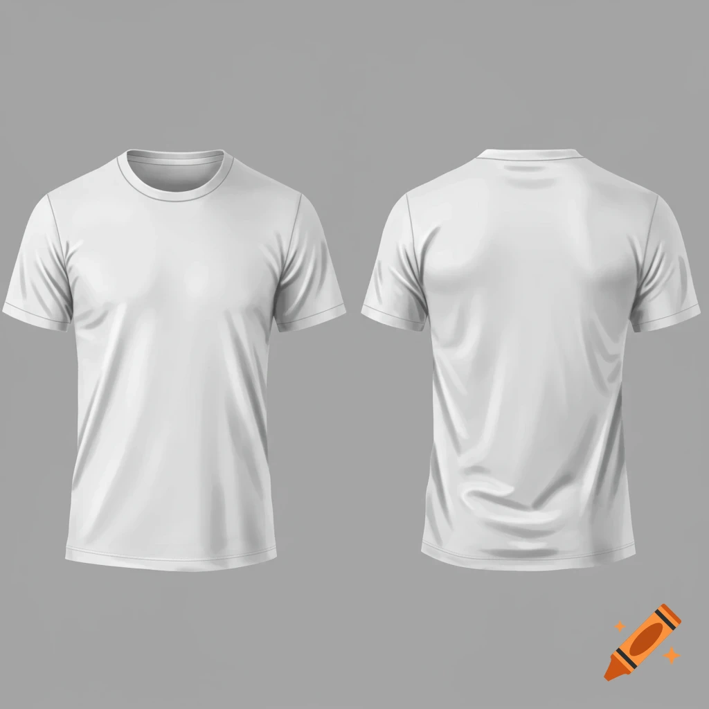 A photorealistic rendering of a blank white t-shirt shown from the front and back against a gray background.