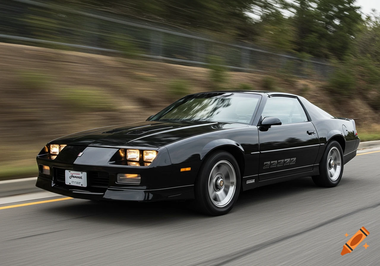 A black 1986 Chevrolet Camaro IROC-Z driving on a road, with motion blur in the background.