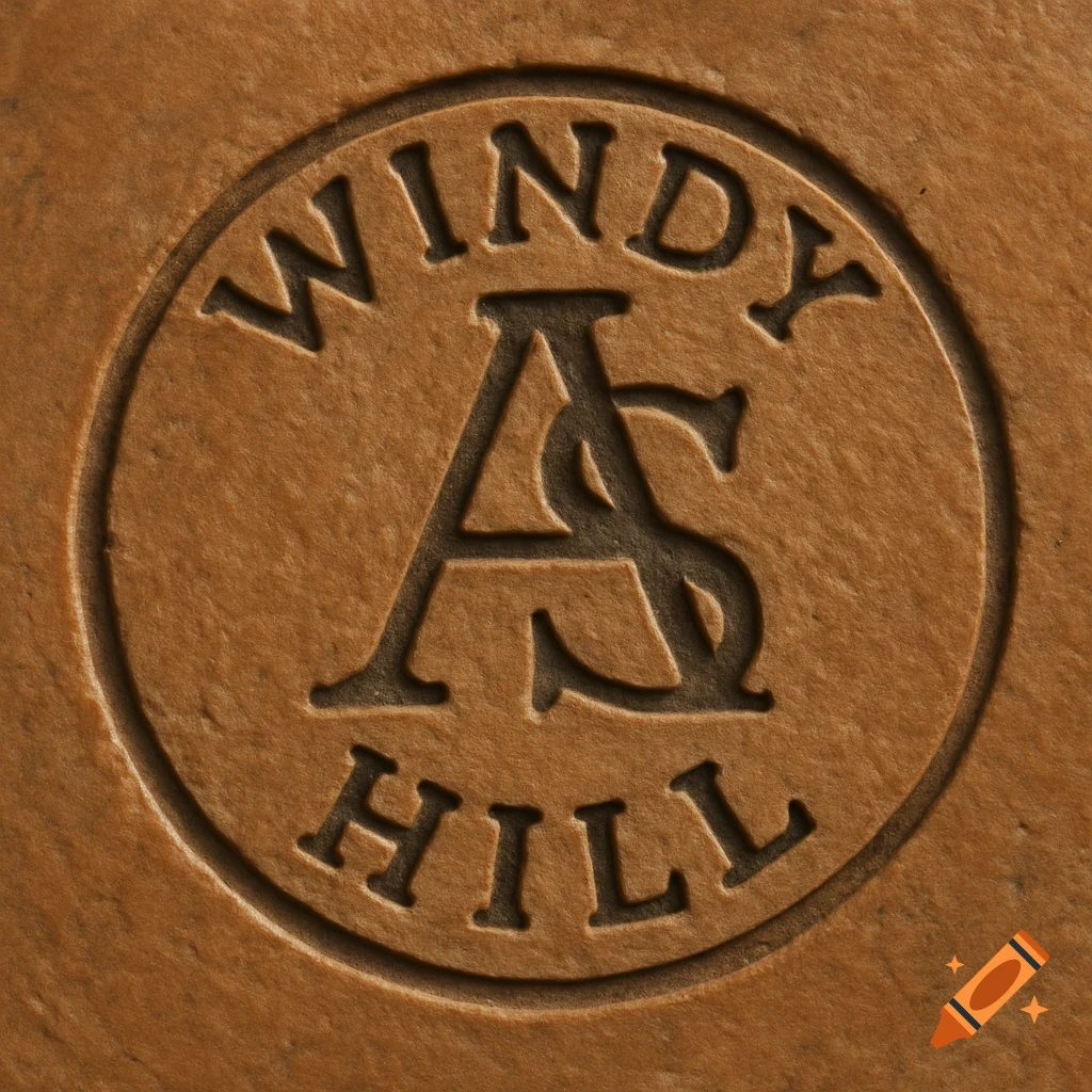 A circular pottery stamp with the word 'WINDY' at the top, intertwined initials 'A&S' in the middle, and 'HILL' at the bottom, all embossed into a light brown, textured surface.