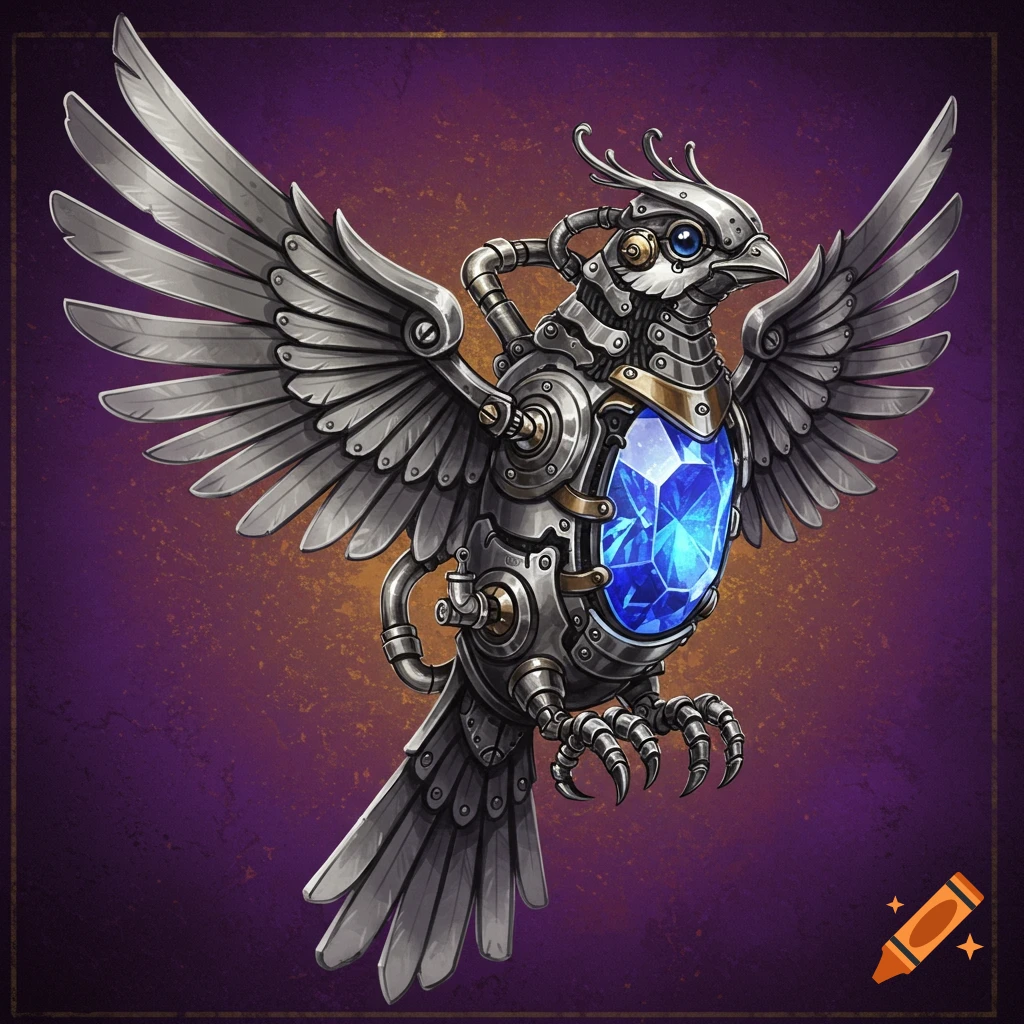 A detailed illustration of a silver steampunk bird with outstretched wings and a large blue sapphire embedded in its chest, against a purple background.
