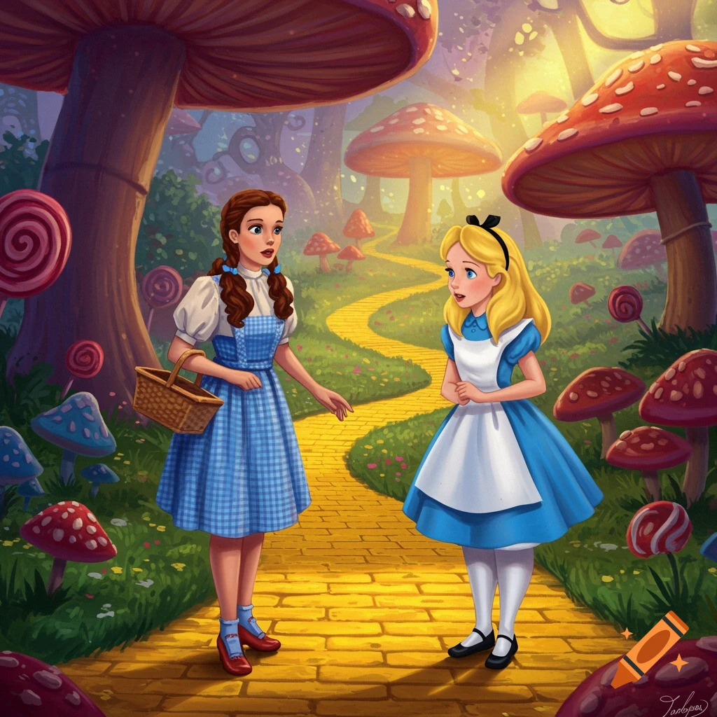 Dorothy and Alice meet on a yellow brick road in a vibrant, whimsical mushroom forest.