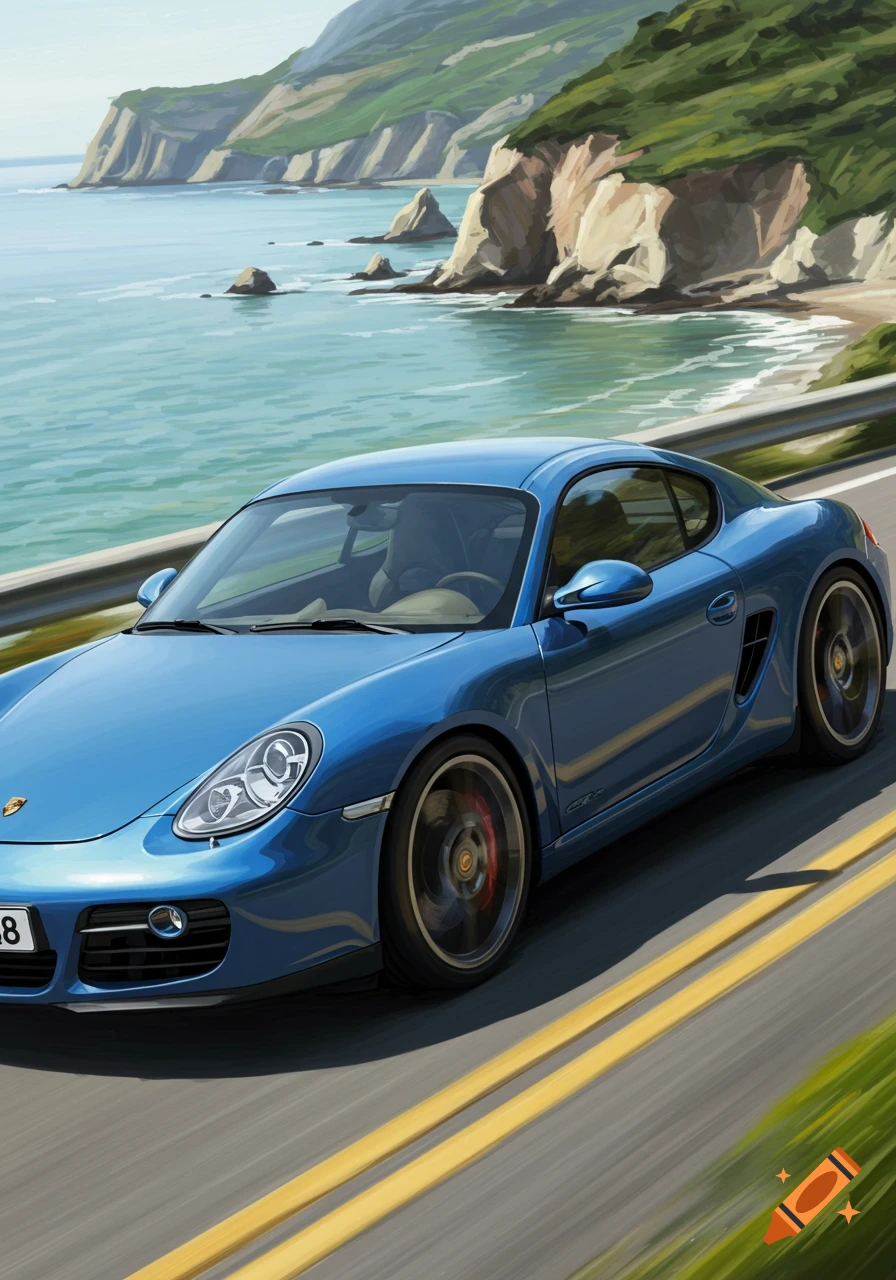 A blue Porsche Cayman drives along a winding coastal road with cliffs and ocean in the background, in a painted style.