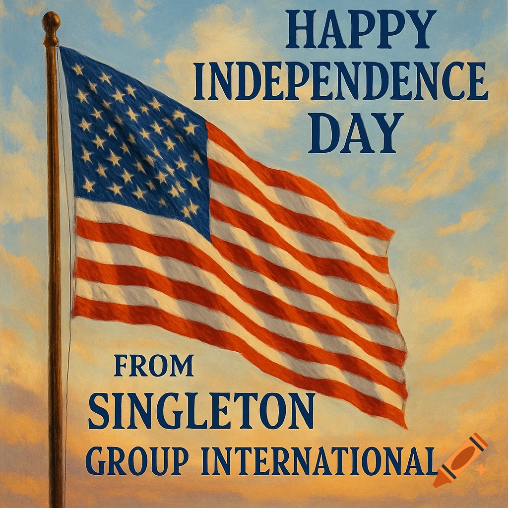 An American flag waves against a cloudy sky with text "Happy Independence Day from Singleton Group International" in a painterly style.