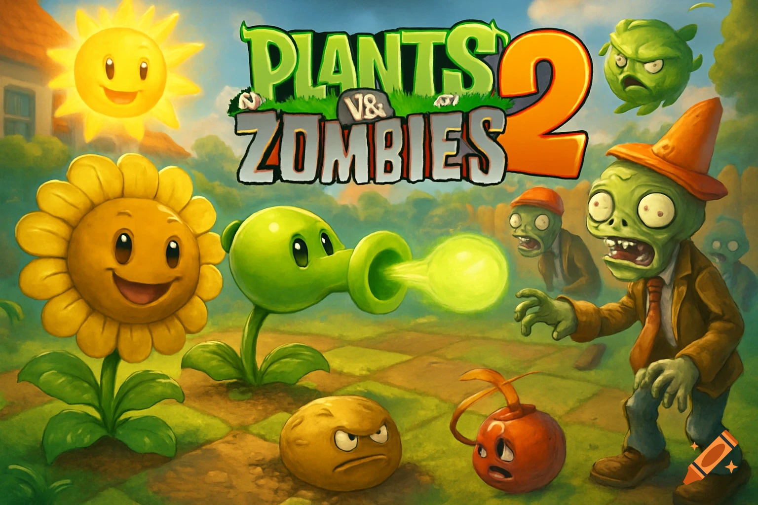 A colorful cartoon image from Plants vs. Zombies 2, featuring a sunflower, peashooter, smiling sun, and various zombies.