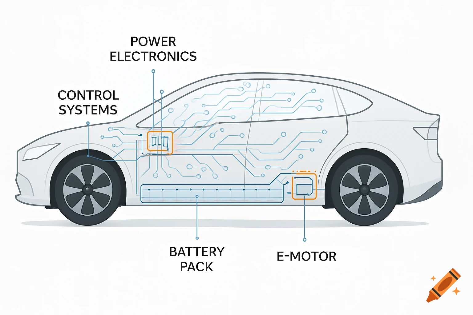 A semi-transparent illustration of an electric vehicle with internal components like the power electronics, control systems, battery pack, and e-motor clearly labeled.