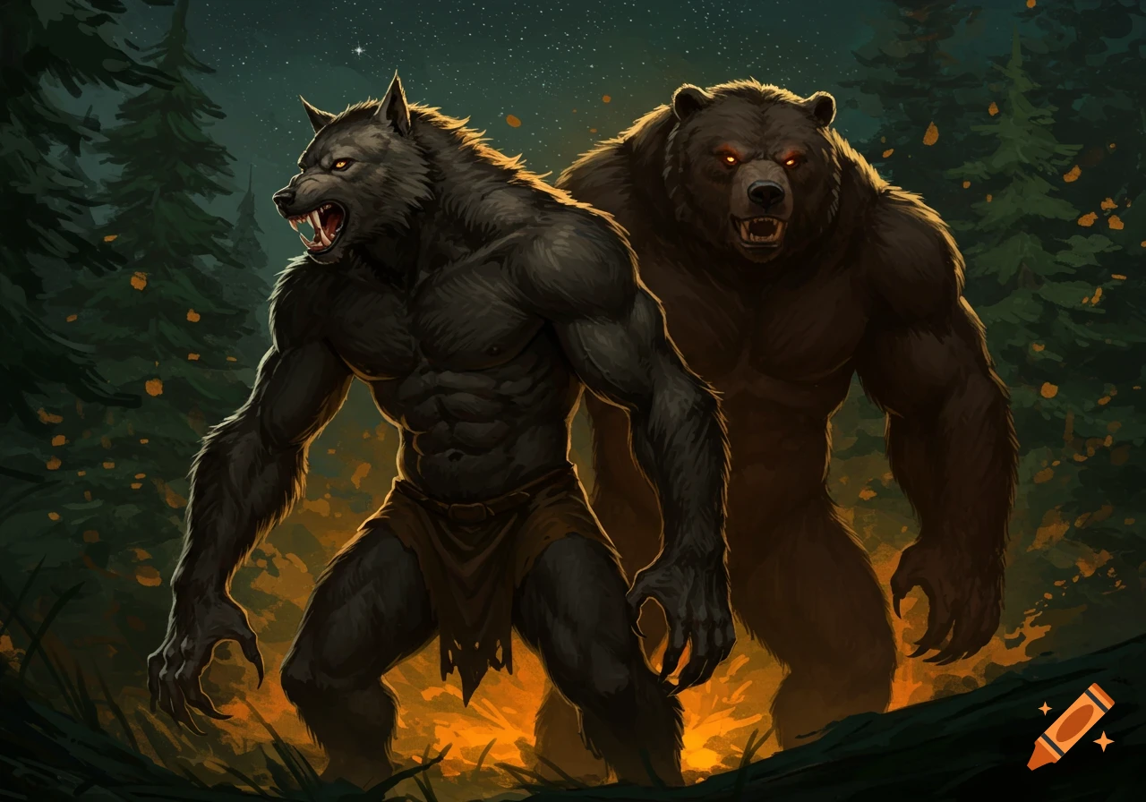 A grey werewolf and a brown werebear stand menacingly in a dark forest at night with glowing embers. Digital illustration.