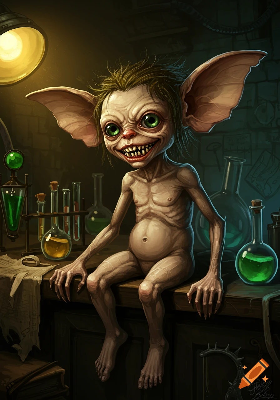 A grotesque, large-eared fantasy creature with green eyes and sharp teeth sits on a lab table surrounded by beakers.