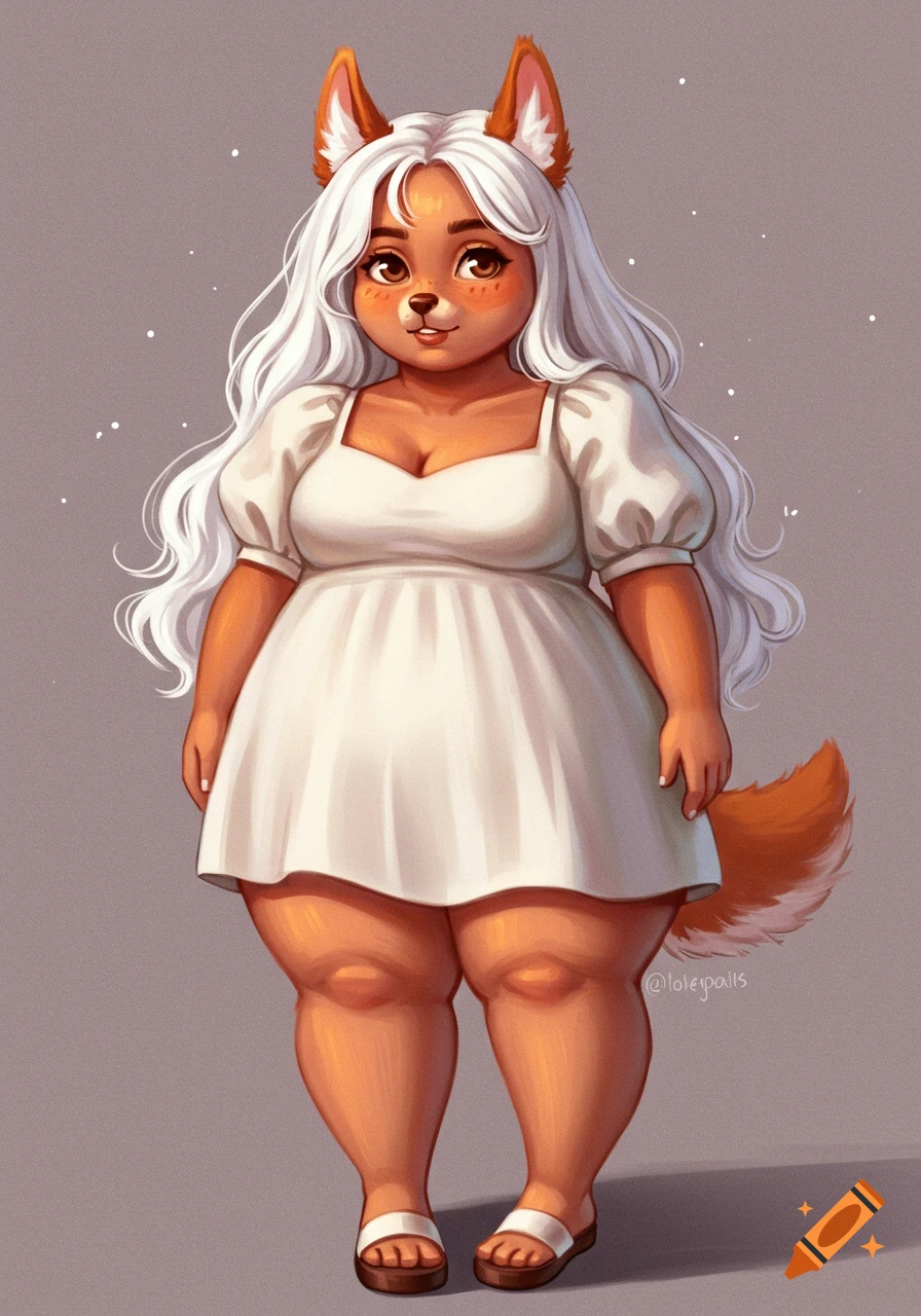 A full-body illustration of a chubby furry woman with white hair, fox ears and tail, wearing a white baby doll dress and sandals.