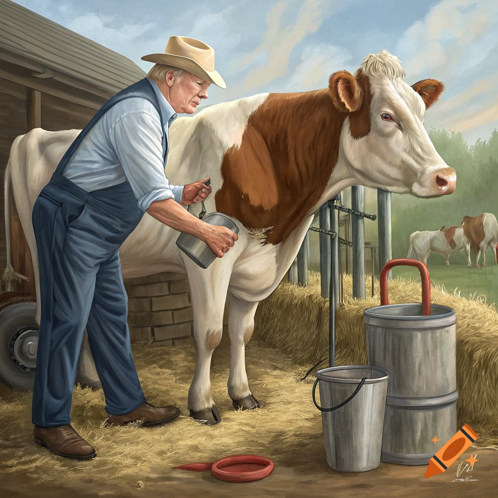 An older man in overalls and a hat appears to milk a brown and white cow in a barn.