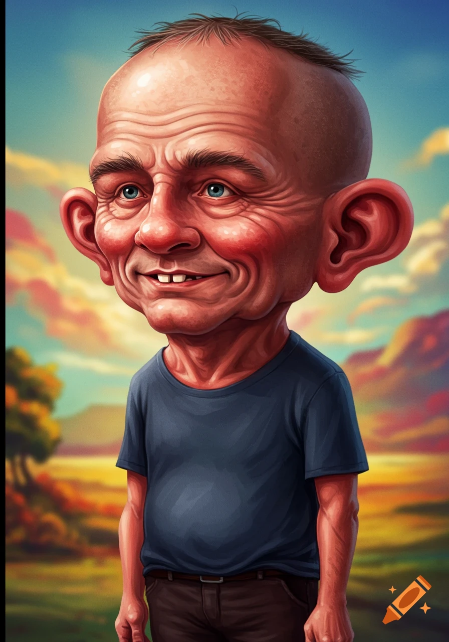 A cartoon caricature of a smiling, large-headed middle-aged man with gap teeth, against a colorful sky.