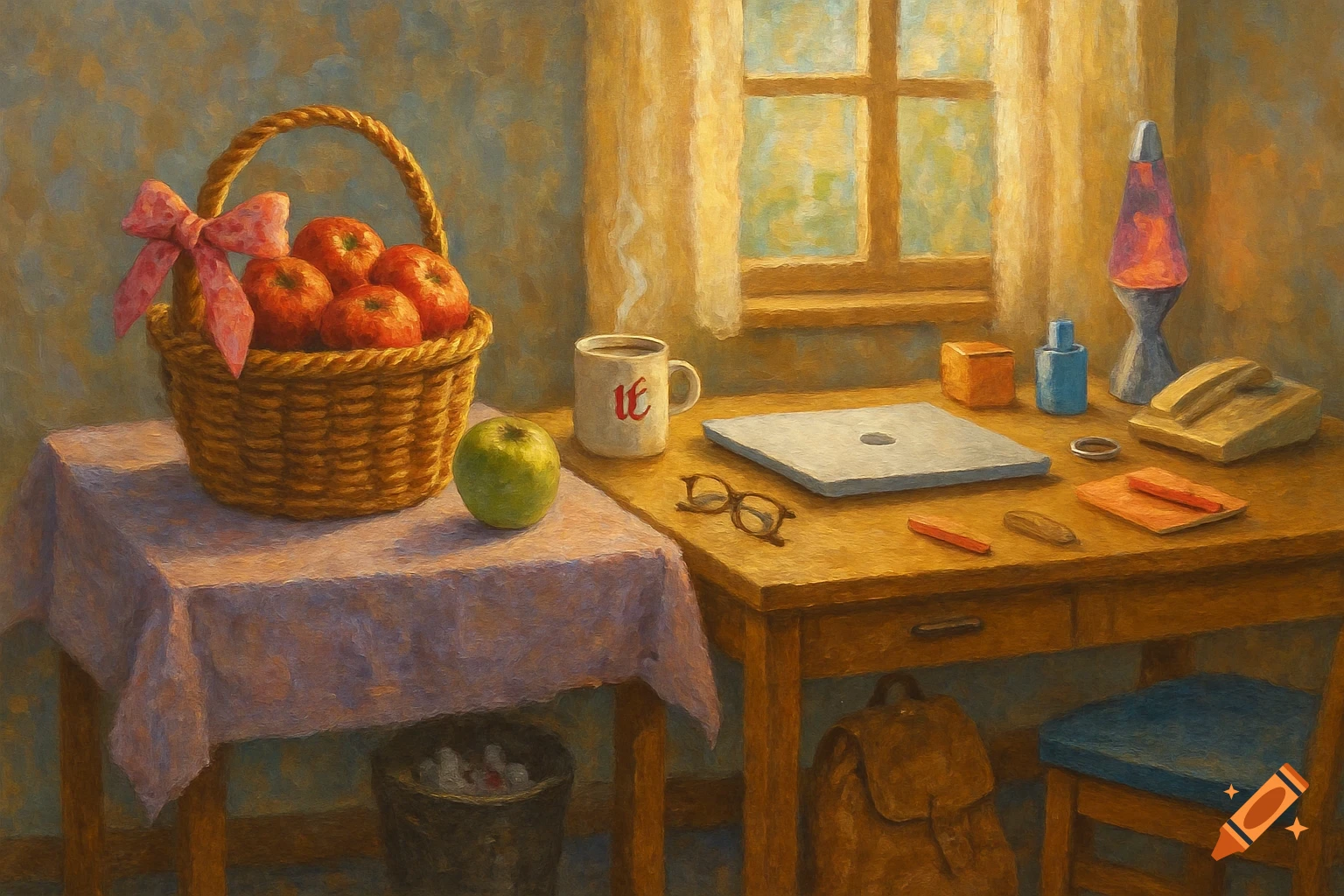 An acrylic painting of a sunlit office with a basket of apples, a laptop, and a lava lamp on a wooden desk.