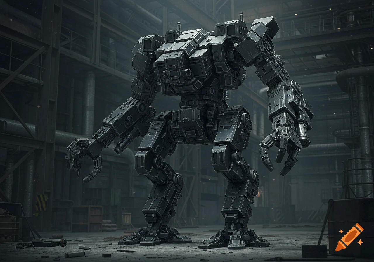 Photorealistic full-size robot with blocky design standing in a dimly lit industrial factory.