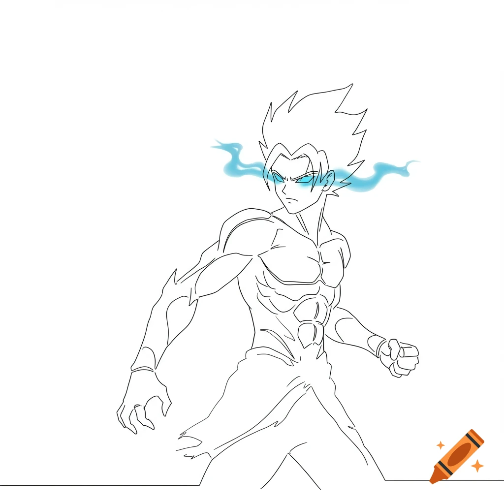 Male anime warrior in minimalist line art with spiky hair, glowing blue eyes, and a blue aura, on a white background.
