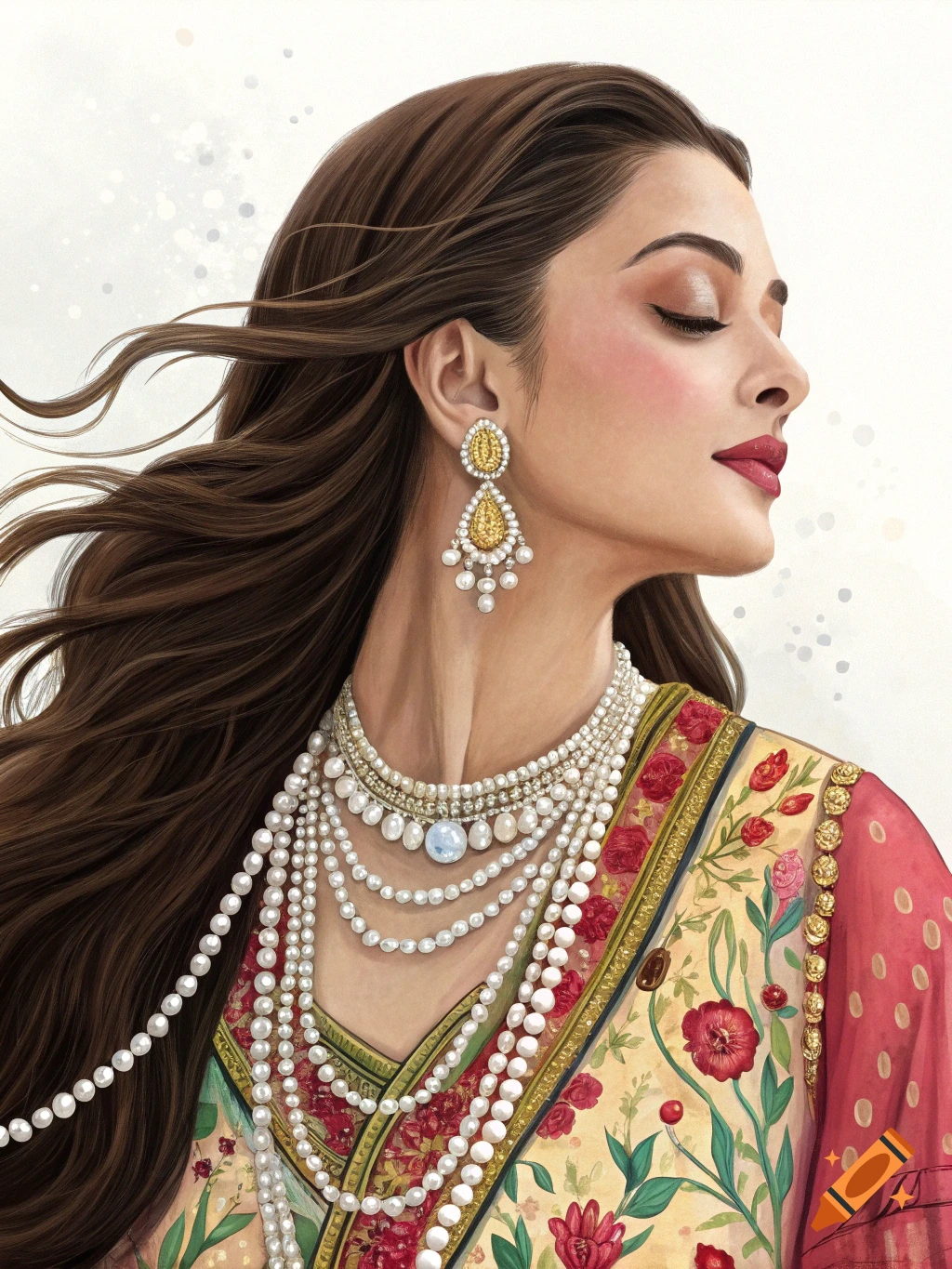 Digital painting of a woman in profile wearing many pearl necklaces and gold earrings, with eyes closed and hair blowing.