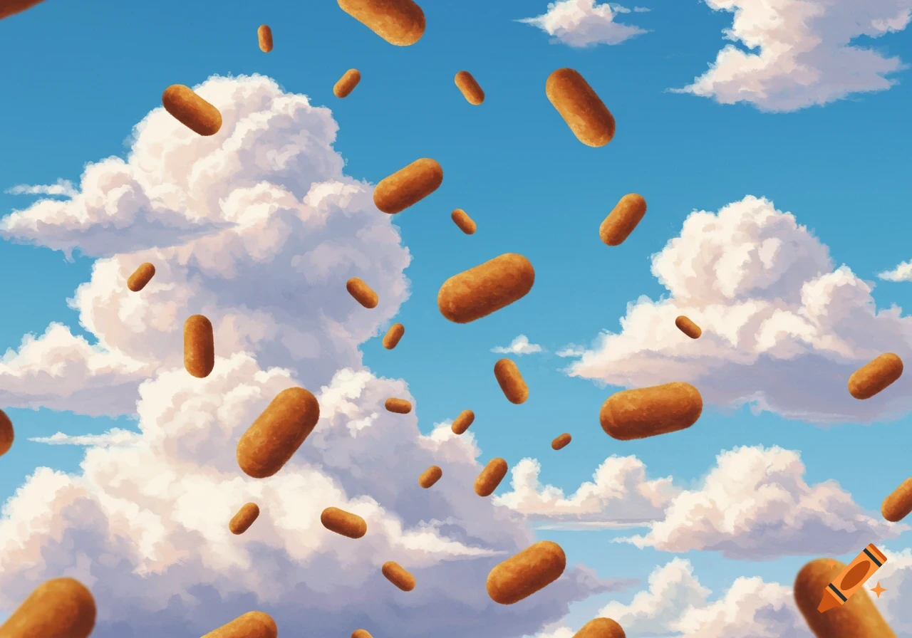 Golden-brown croquetas rain from a blue sky filled with fluffy white clouds, in an illustrative style.