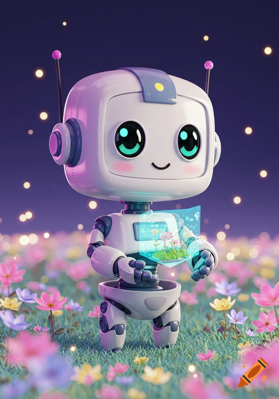 A cute white and purple robot stands in a field of colorful flowers, holding a glowing holographic display.