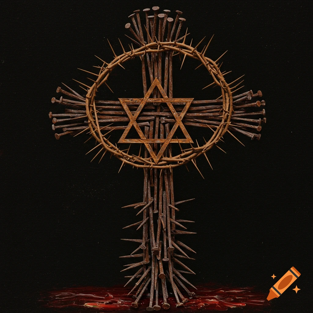 A cross made of rusty nails with a crown of thorns and a Star of David in the center, against a dark background with red liquid.