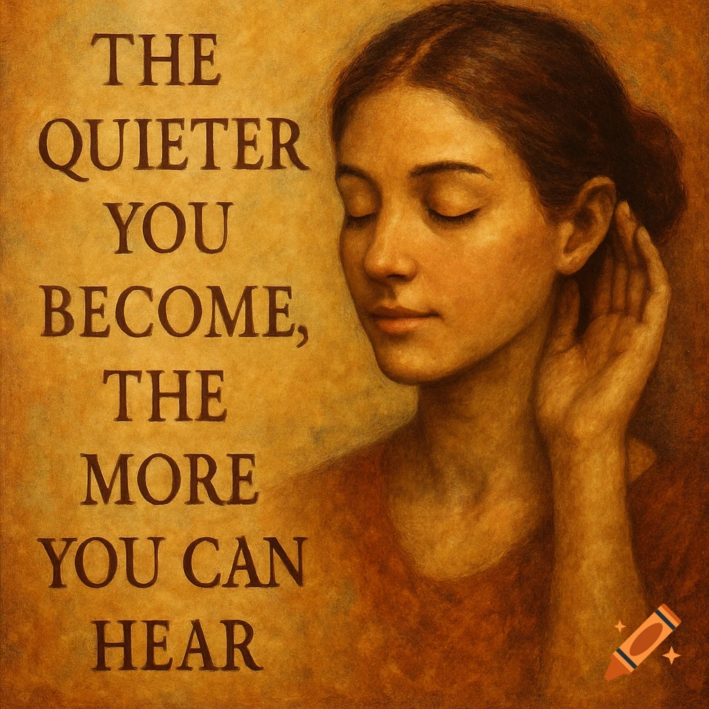 A sepia-toned painting of a woman with closed eyes, hand to ear, beside the text 'The quieter you become, the more you can hear.'
