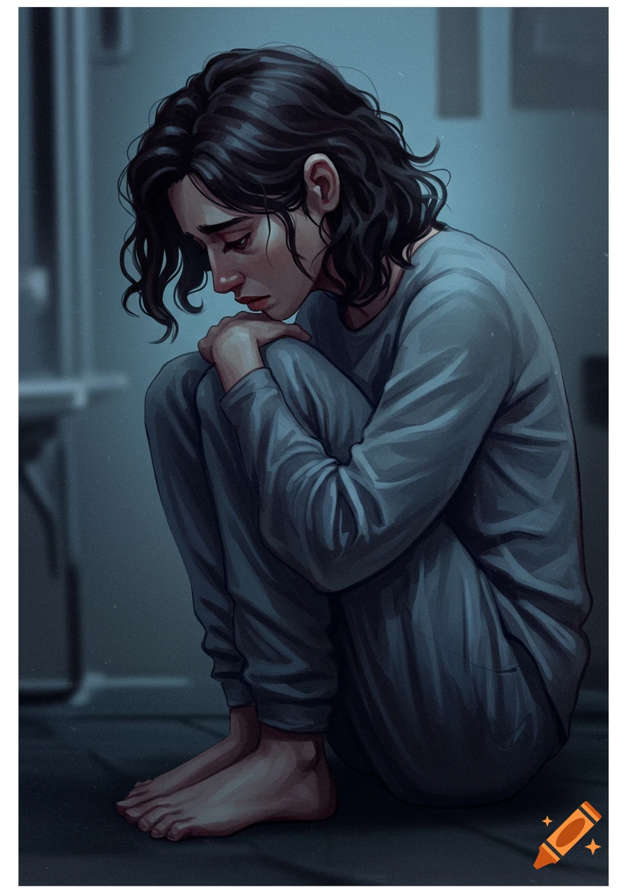 An illustration of a person with dark, curly hair, dressed in grey, sitting on the floor with knees to their chest, looking down sadly.