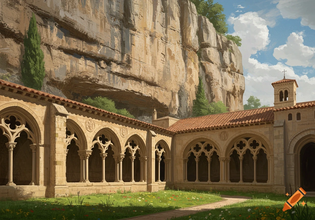A picturesque stone cloister courtyard with green grass and wildflowers, set against a towering rocky cliff under a blue sky with white clouds.