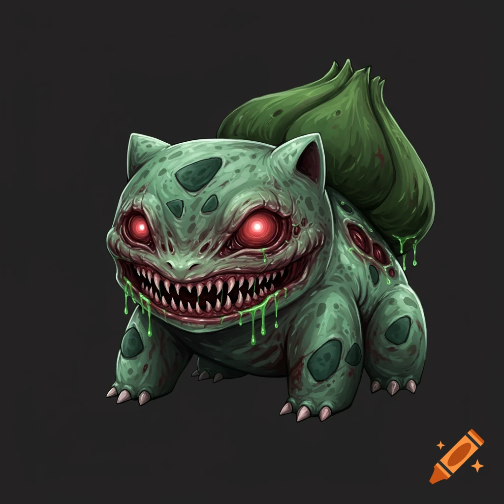 A cursed Bulbasaur with glowing red eyes, sharp teeth, and green slime dripping from its mouth, in a tattoo art style.