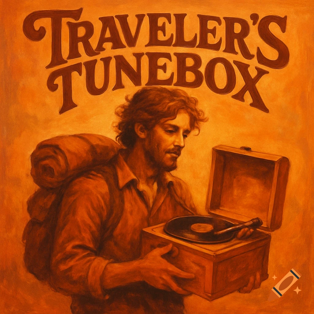 An orange-toned illustration of a man with a backpack holding a record player, with 'Traveler's Tunebox' text above.