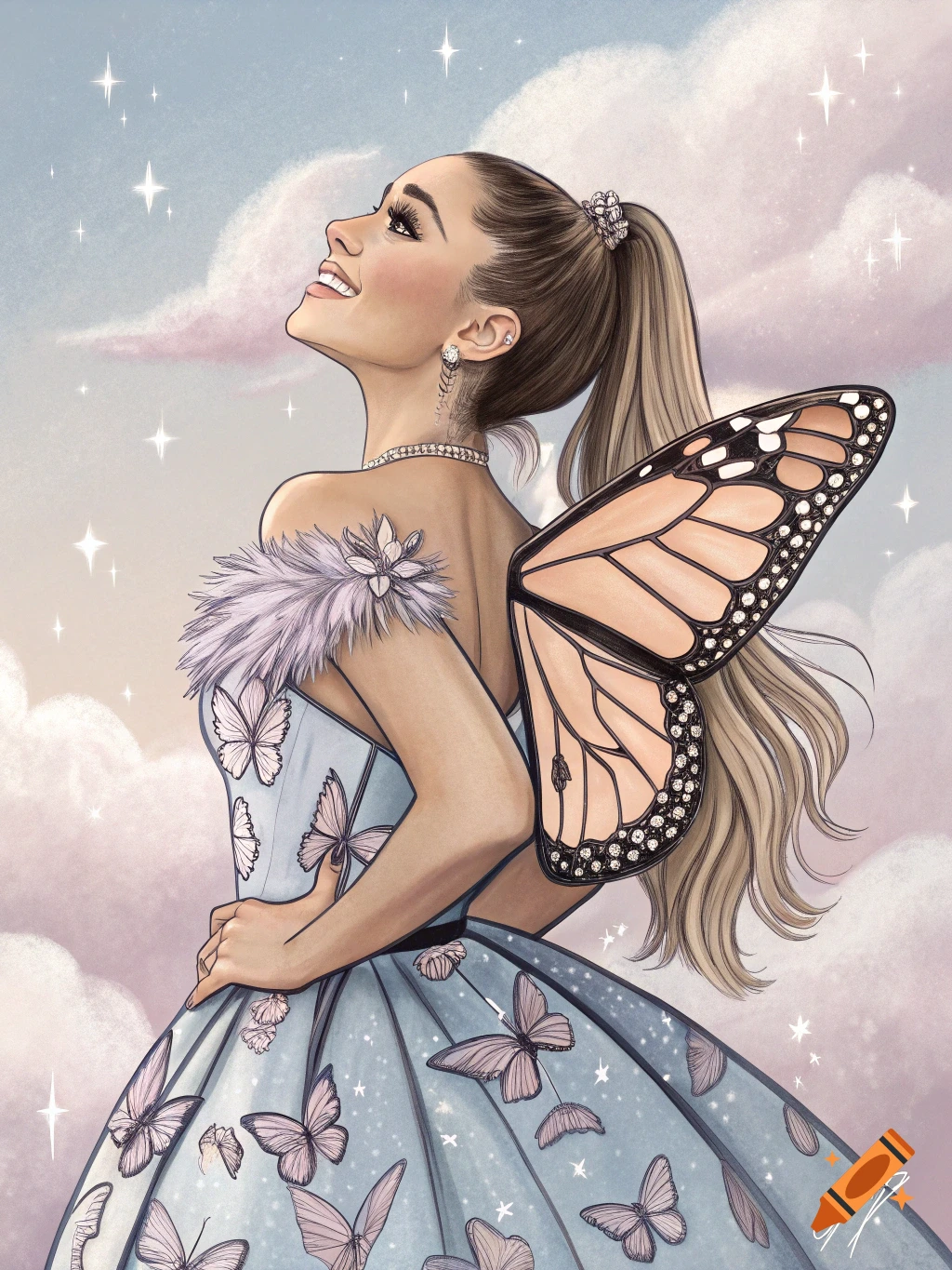 Illustration of Ariana Grande in a light blue butterfly dress with a single monarch wing, looking up happily at a starry sky.