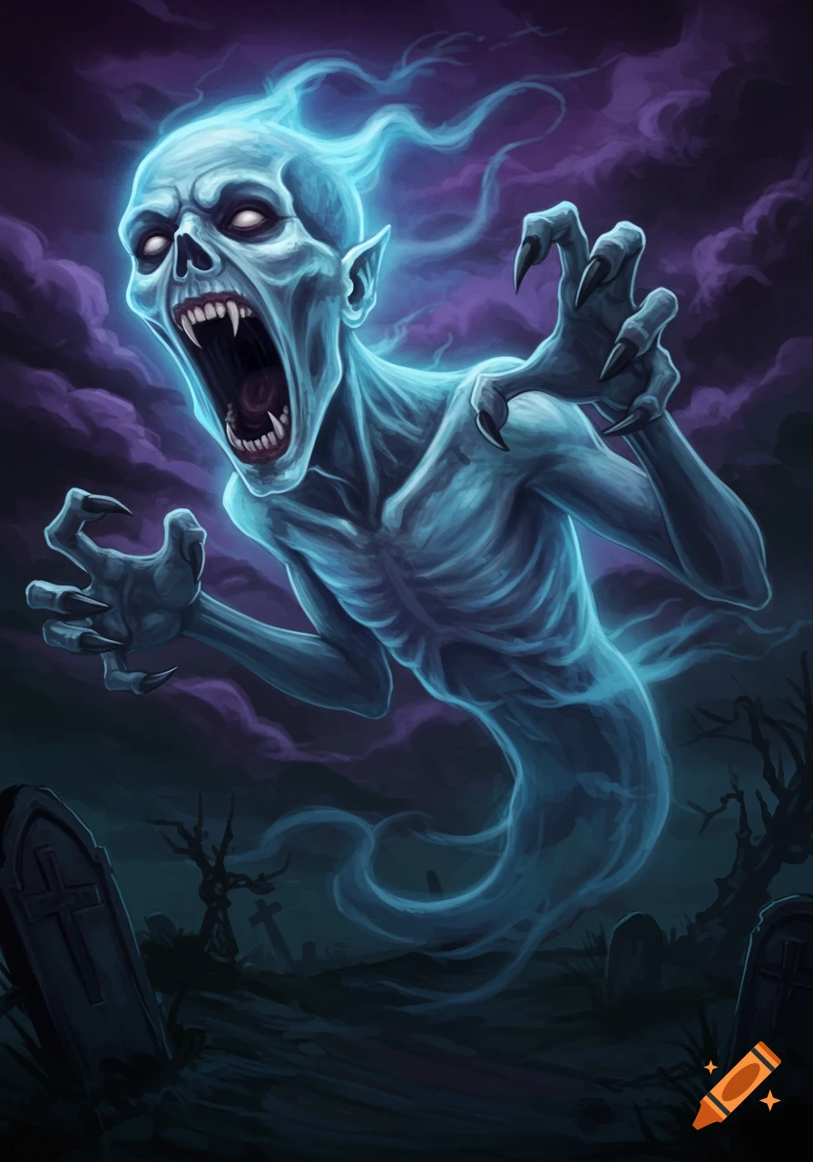 A blue ghostly spirit with a skeletal face and sharp fangs screams while floating in a dark graveyard under a purple sky.