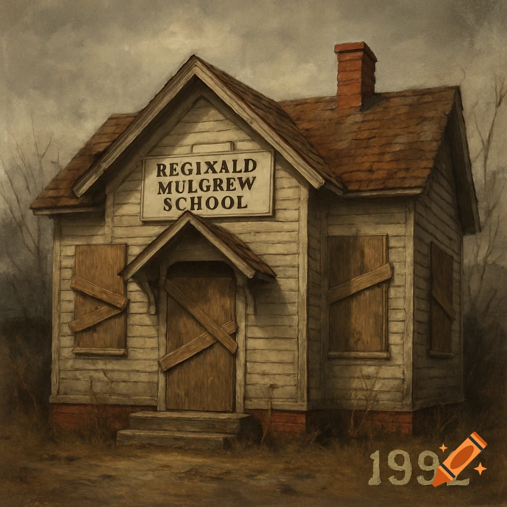 An old, small, boarded-up schoolhouse with a sign reading "Regixald Mulgrew School" and the year "1992" in the bottom right, in a muted, painterly style.