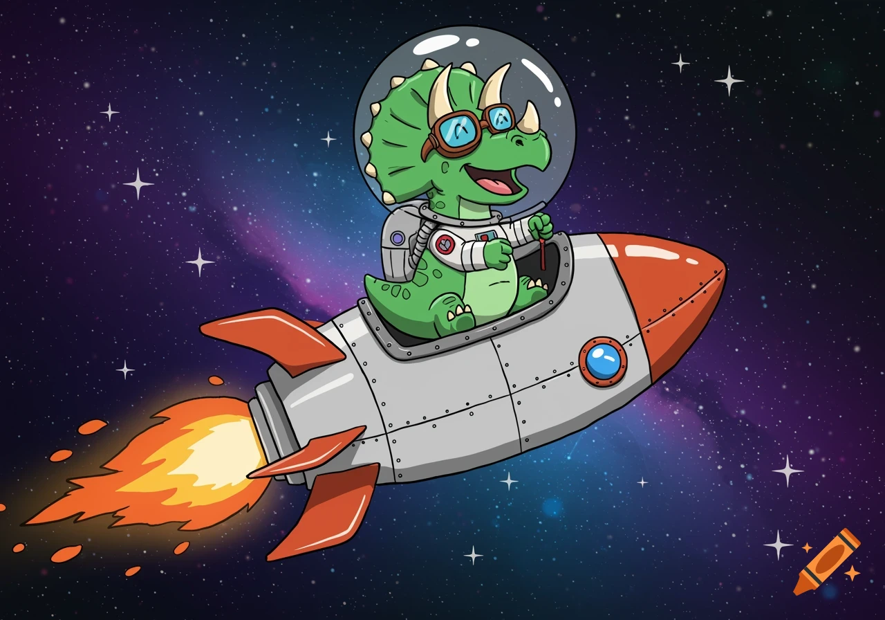 A happy green cartoon triceratops wearing a helmet and goggles pilots a rocket through a star-filled galaxy.