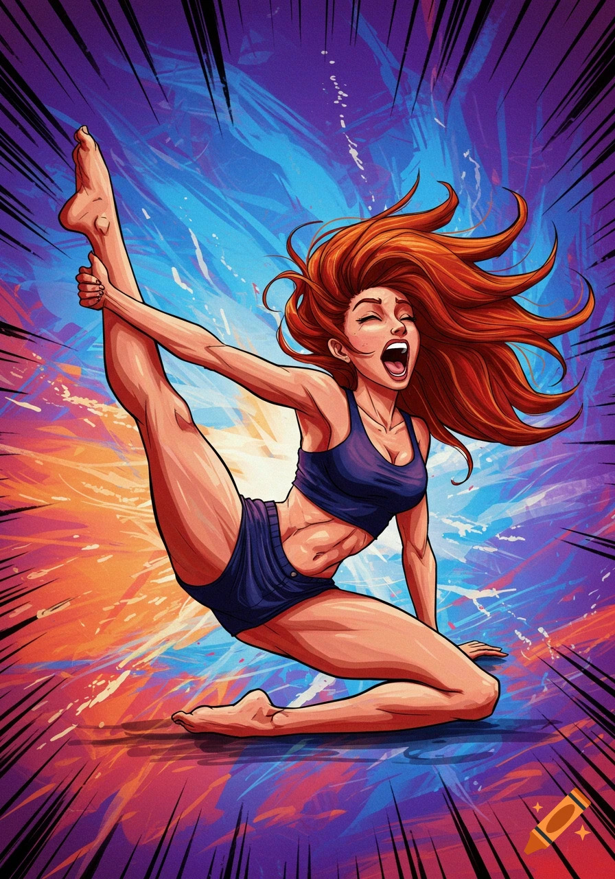 Red-haired woman in a comic book style illustration performing a split with a vibrant, abstract background.