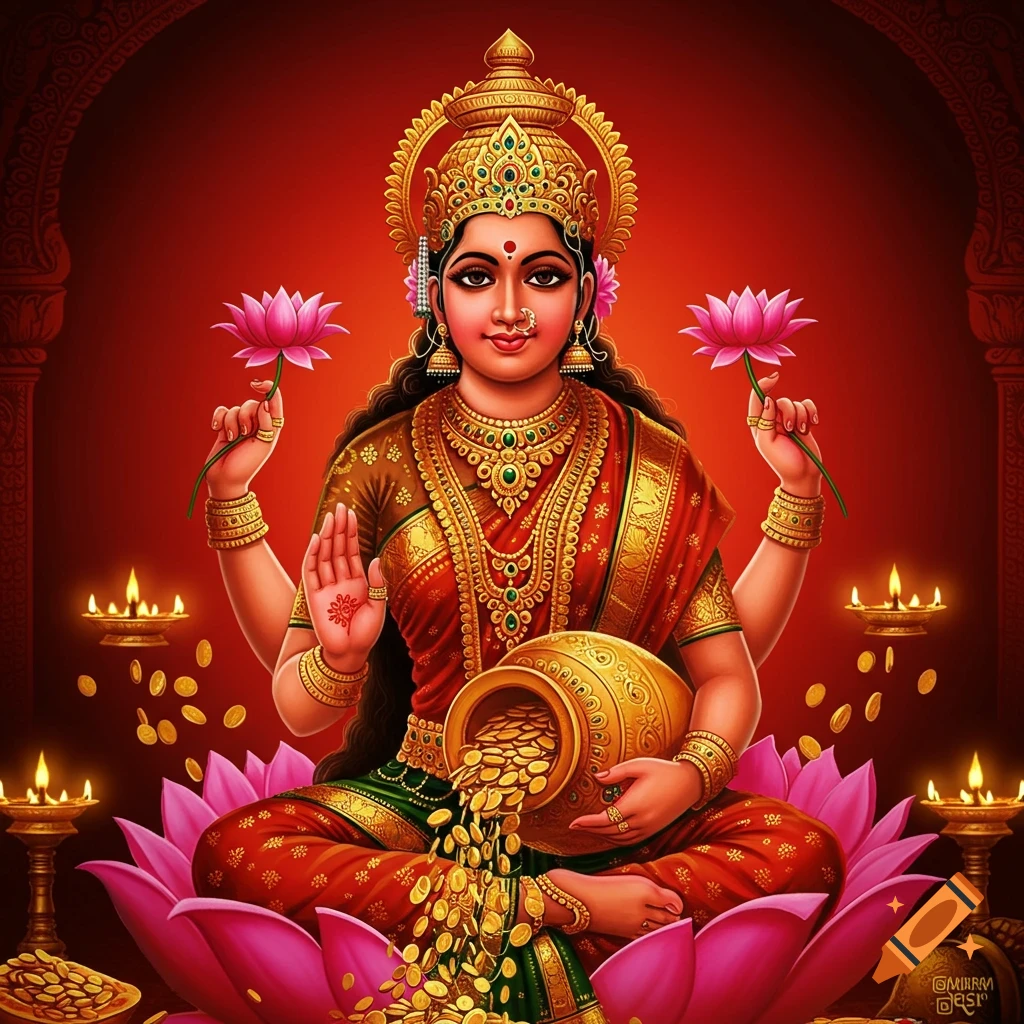 A colorful, vibrant illustration of the Hindu goddess Lakshmi, adorned in red and gold, seated on a pink lotus, pouring gold coins from a pot.