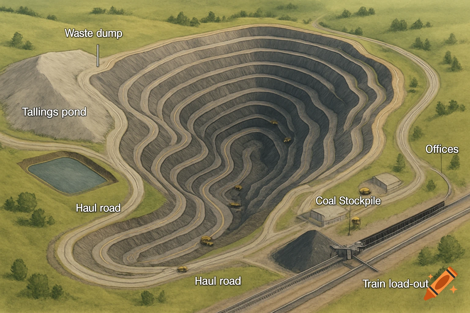 An aerial illustration of an open-cut coal mine plan, showing the excavation, haul roads, waste dump, tailings pond, offices, coal stockpile, and train load-out facilities.